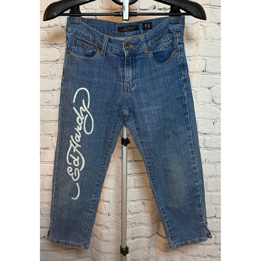 Ed Hardy Christian Audigier Blue Denim Crop Jeans Skull Embroidery Size‎ 5/6